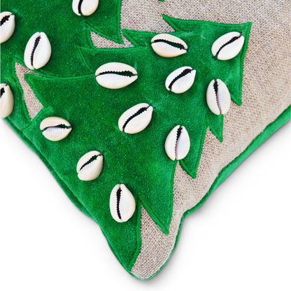 Christmas Linen Pillow Cover – Tribal Velvet Appliqué & Cowrie Shell Cushion Cover
