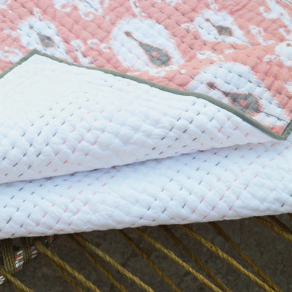 CORAL IKAT print Kantha quilt with stripe pattern quilting - sizes available