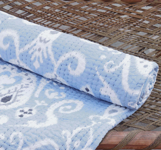 QUILT KANTHA - Blue ikat print with stripe pattern quilting, sizes available