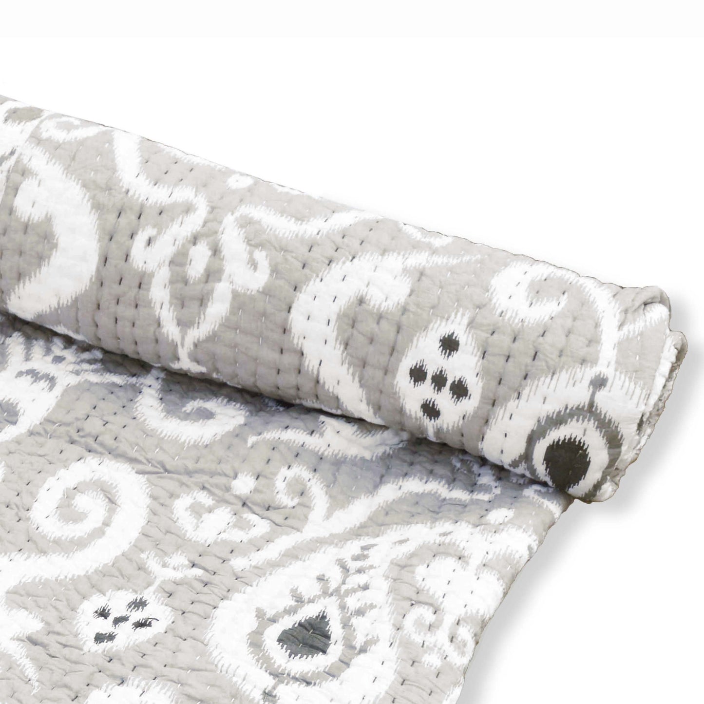 GREY IKAT print Kantha quilt - stripe pattern quilting, sizes available