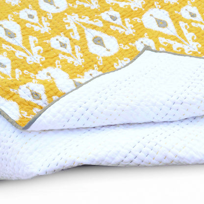 Yellow Ikat Print Kantha Quilt | Stripe Pattern Quilting | Twin, Queen & King Sizes