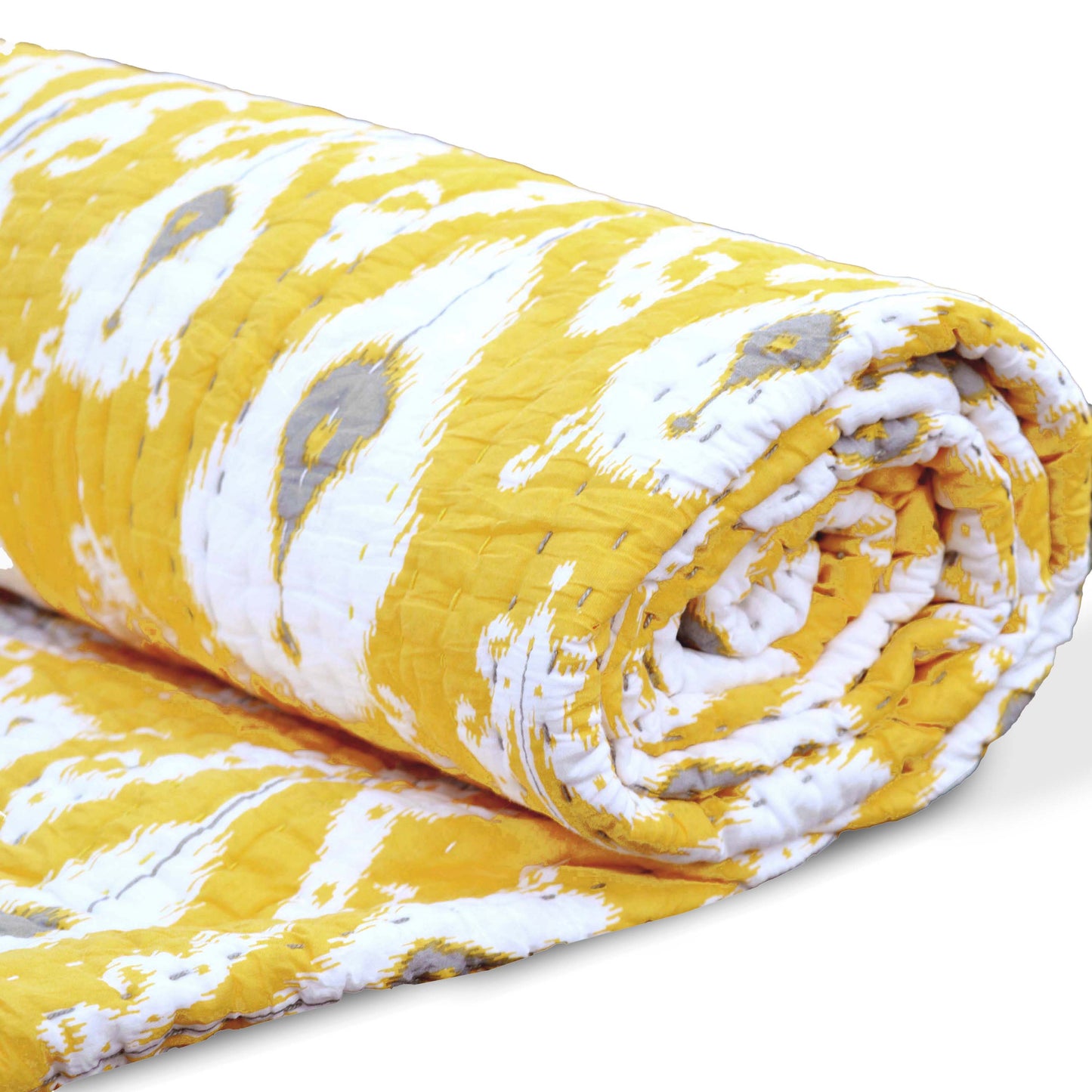 Yellow Ikat Print Kantha Quilt | Stripe Pattern Quilting | Twin, Queen & King Sizes