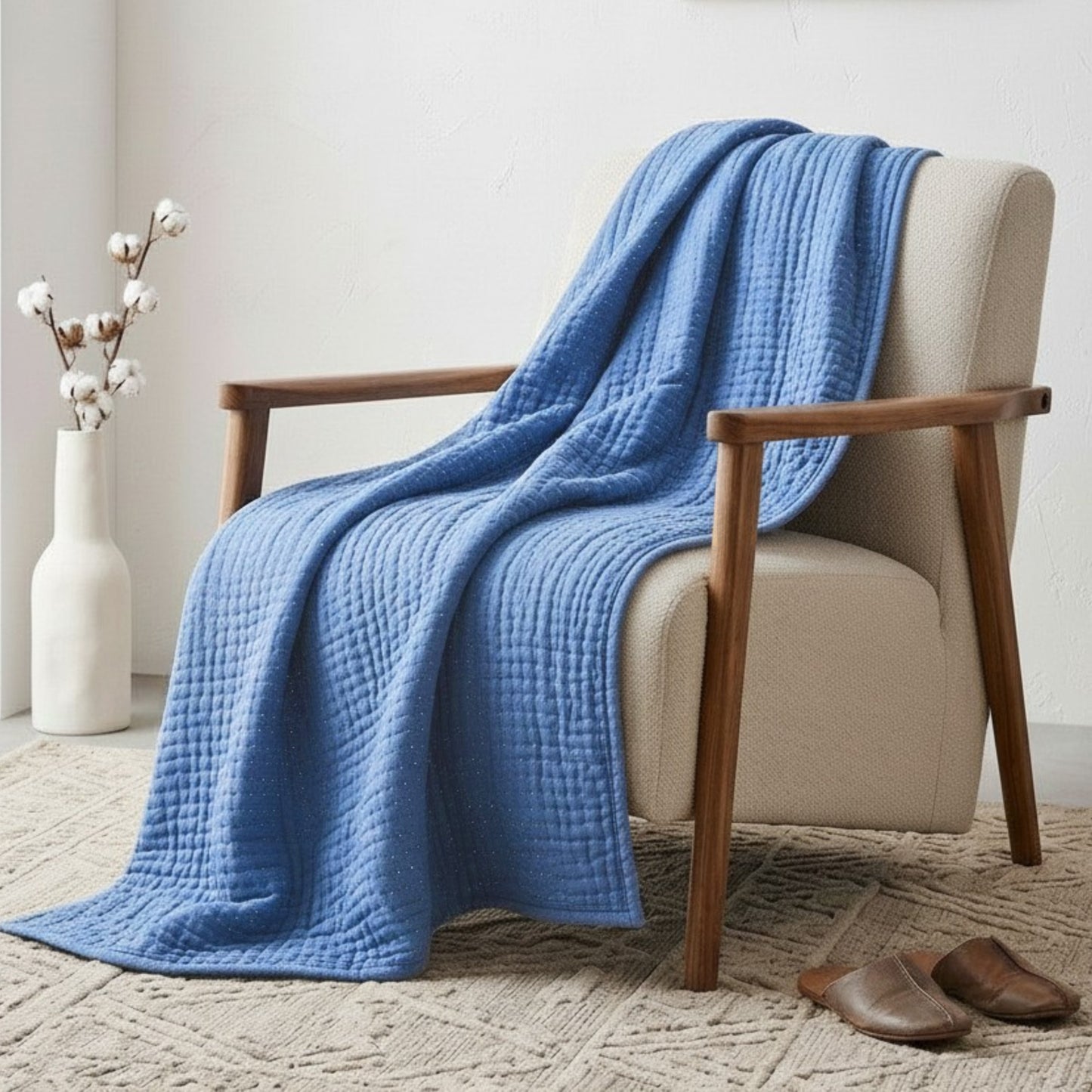 Denim Blue Hand Quilted Kantha Throw Blanket | 100% Cotton | 50×60 Inches