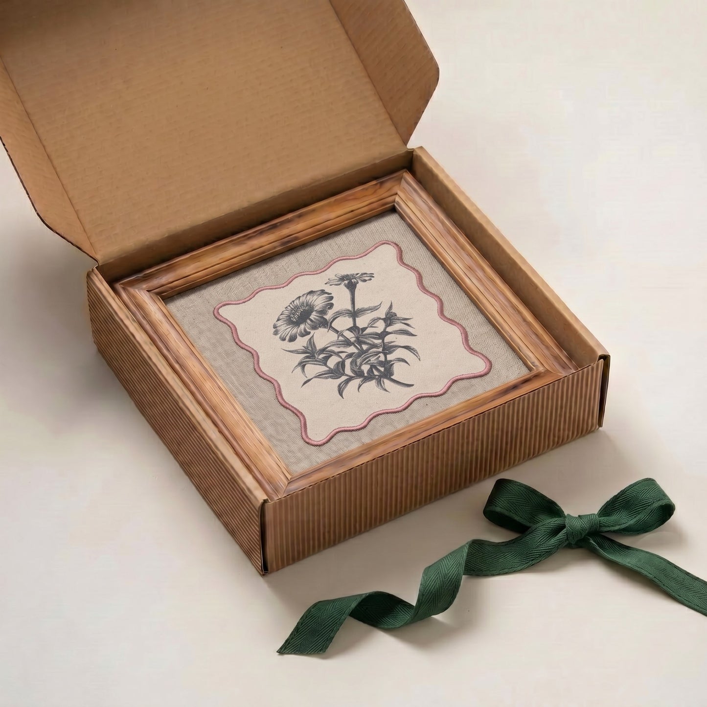 Daisy Botanical Wall Art – Framed Gift | Embroidered Linen, 12×12 inches