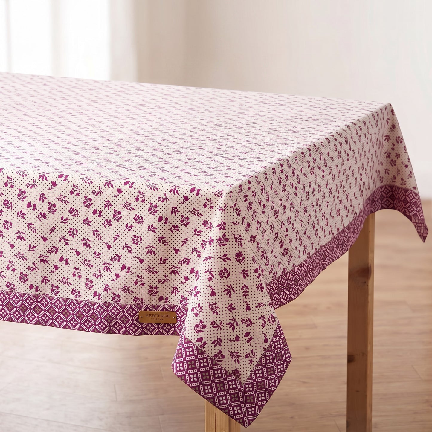 Plum Dominoterie Small Floral Print Cotton Tablecloth with Geometric Border | Round, 4-Seater & 6-Seater - Vliving