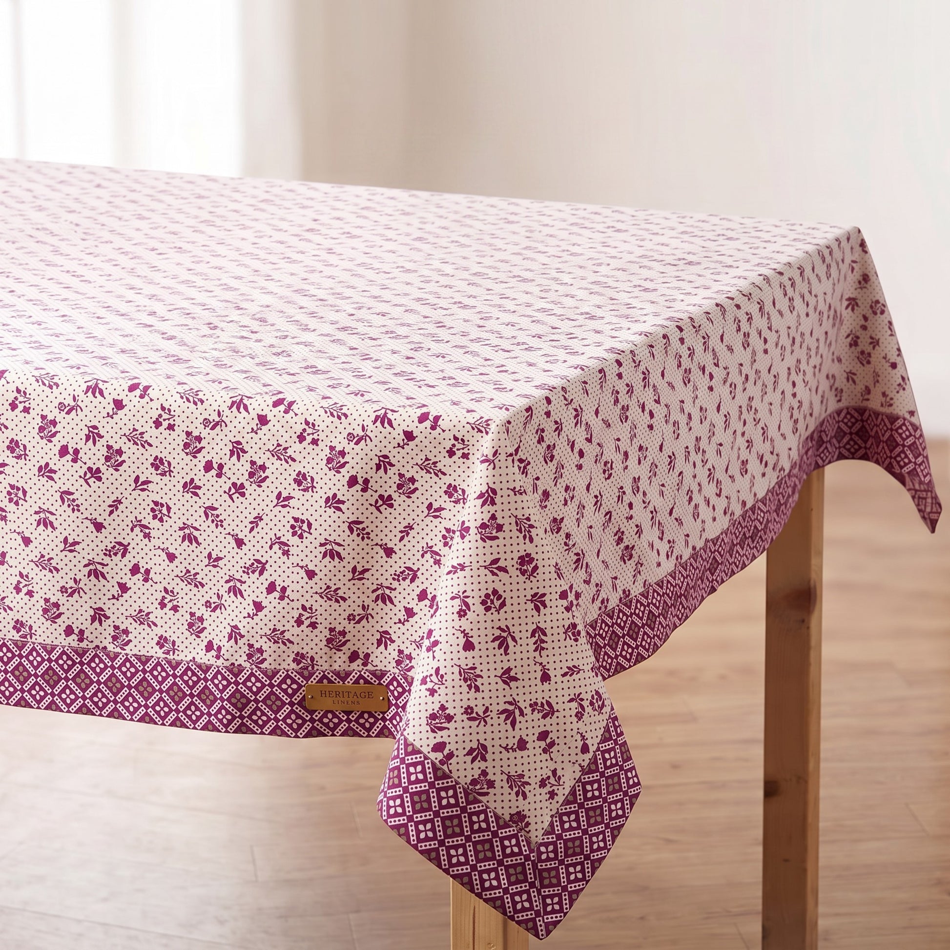 Plum Dominoterie Small Floral Print Cotton Tablecloth with Geometric Border | Round, 4-Seater & 6-Seater - Vliving