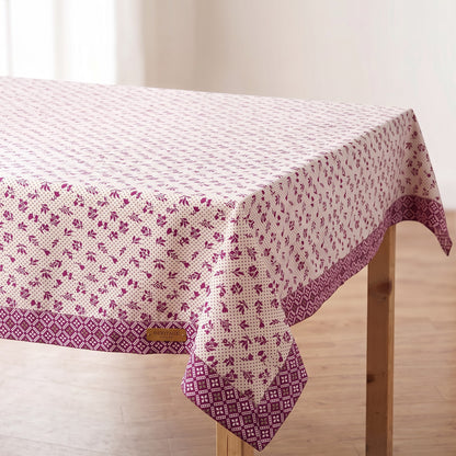 Plum Dominoterie Small Floral Print Cotton Tablecloth with Geometric Border | Round, 4-Seater & 6-Seater - Vliving