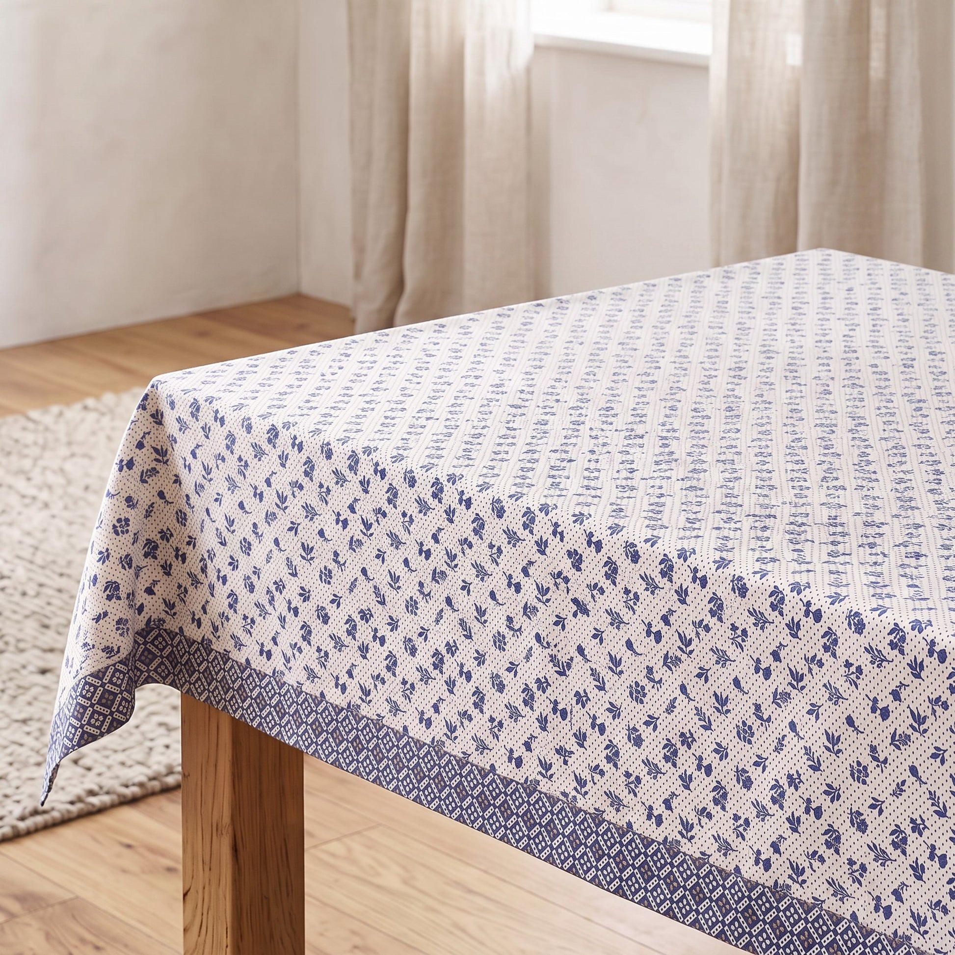 Indigo Dominoterie Small Floral Print Cotton Tablecloth with Geometric Border | Round, 4-Seater & 6-Seater - Vliving