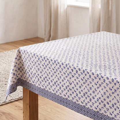 Indigo Dominoterie Small Floral Print Cotton Tablecloth with Geometric Border | Round, 4-Seater & 6-Seater - Vliving