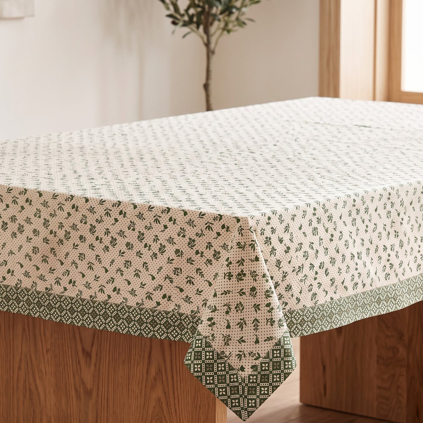 Green Dominoterie Small Floral Print Cotton Tablecloth with Geometric Border | Round, 4-Seater & 6-Seater - Vliving