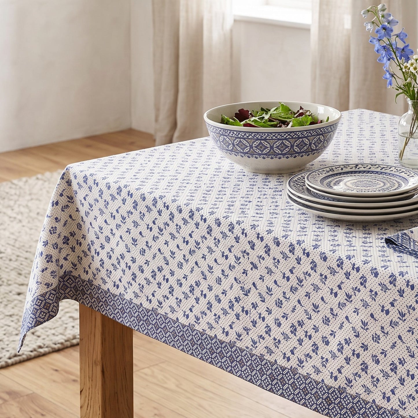 Indigo Dominoterie Small Floral Print Cotton Tablecloth with Geometric Border | Round, 4-Seater & 6-Seater - Vliving