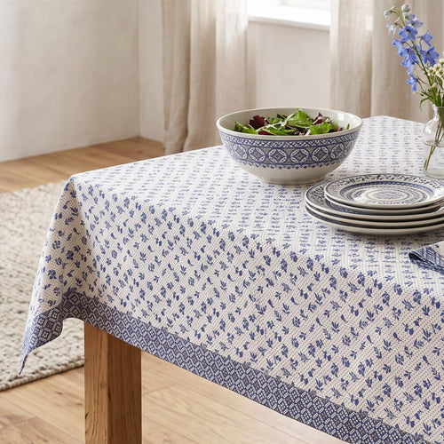 Indigo Dominoterie Small Floral Print Cotton Tablecloth with Geometric Border | Round, 4-Seater & 6-Seater