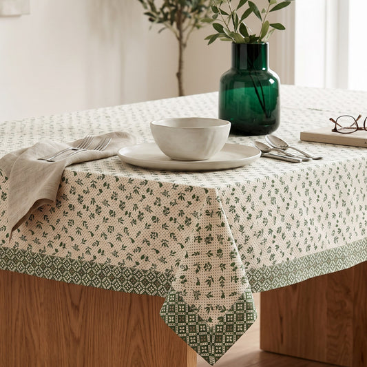 Green Dominoterie Small Floral Print Cotton Tablecloth with Geometric Border | Round, 4-Seater & 6-Seater