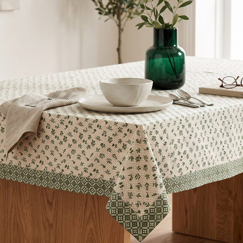 Green Dominoterie Small Floral Print Cotton Tablecloth with Geometric Border | Round, 4-Seater & 6-Seater