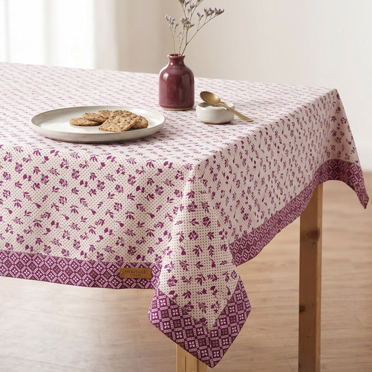 Plum Dominoterie Small Floral Print Cotton Tablecloth with Geometric Border | Round, 4-Seater & 6-Seater