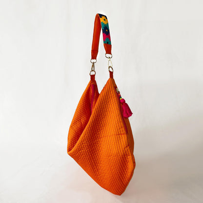 Faux Silk quilted HOBO Bag, Tangerine, hand embroidered handle, Gift for her