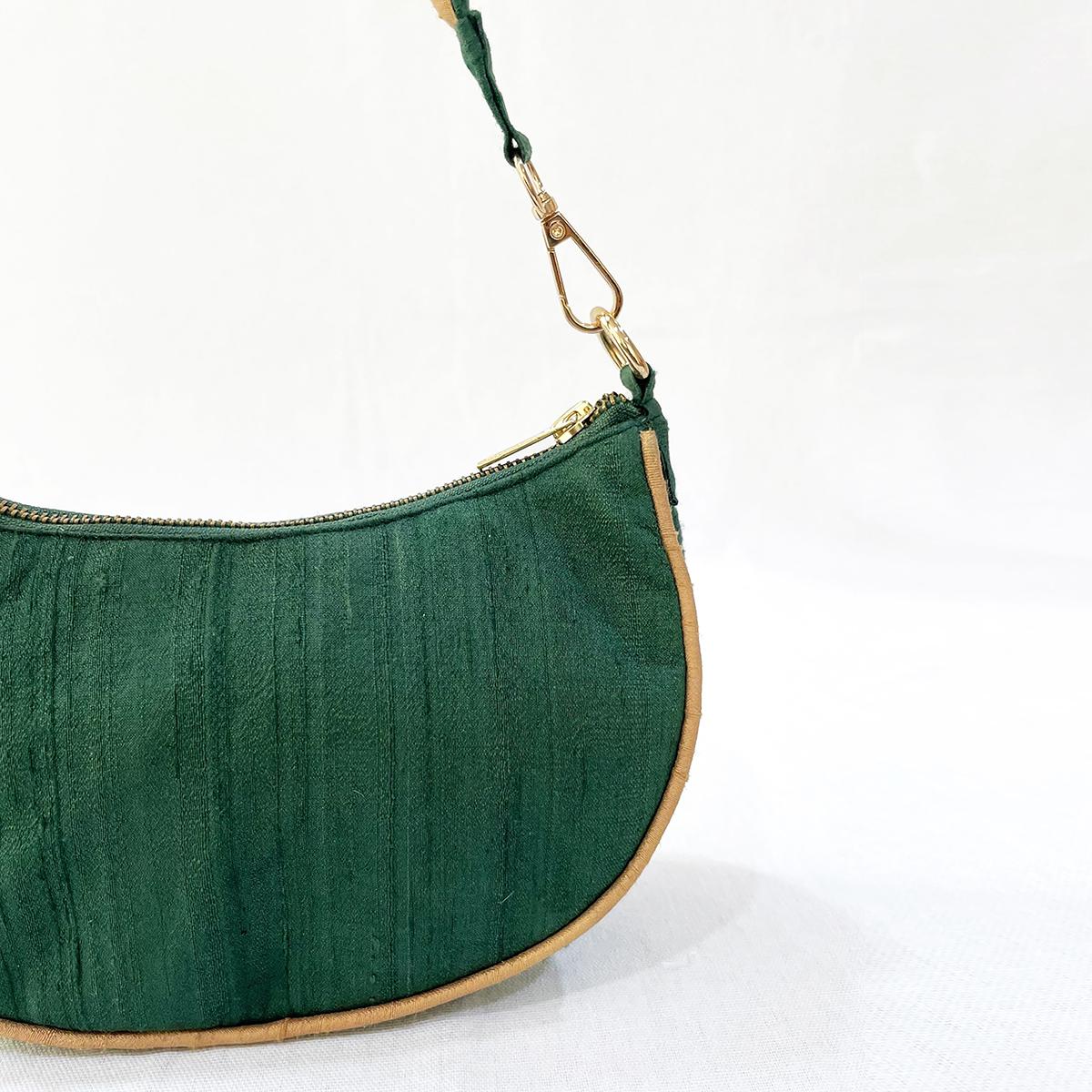 Small half moon crescent purse, pure silk, Bottle Green & Beige colour