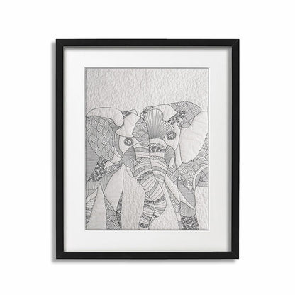 Quilted Textile WALL ART, Elephant doodle pattern, black and white, 18X30 inches