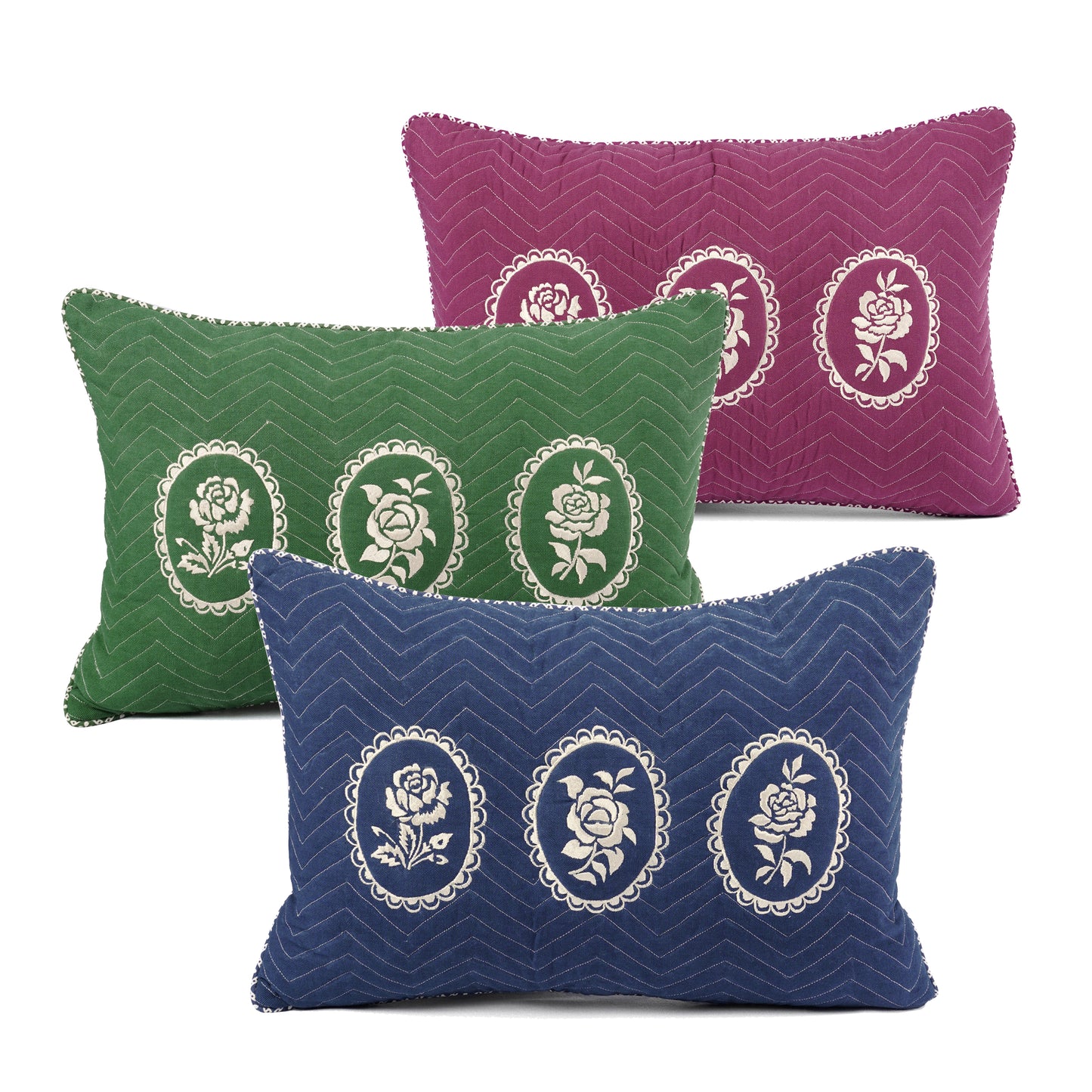 Green Dominoterie Embroidered Cotton Cushion Cover | Chevron & Rose Motif | Dori Piping | Multiple Sizes