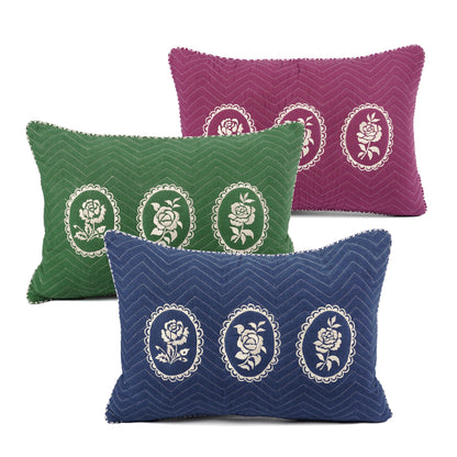 Green Dominoterie Embroidered Cotton Cushion Cover | Chevron & Rose Motif | Dori Piping | Multiple Sizes