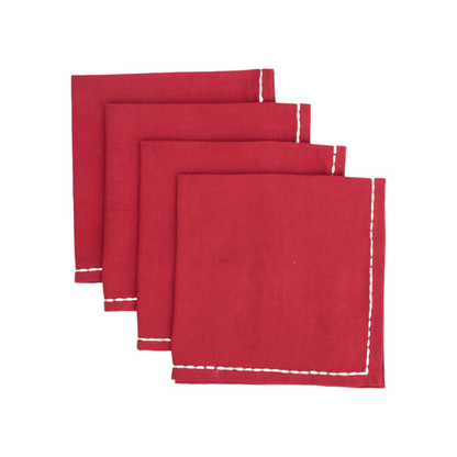 Christmas table napkins, Solid RED cotton with white rice stitch, set options available