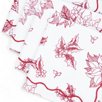 Christmas table napkins, RED poinsettia print on white cotton, set options available