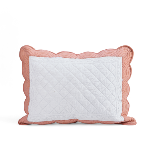 AMOUR - White and coral cotton PILLOW SHAM with scalloped border - sizes available