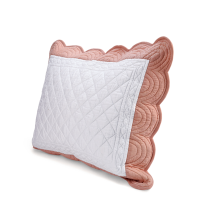 AMOUR - White and coral cotton PILLOW SHAM with scalloped border - sizes available