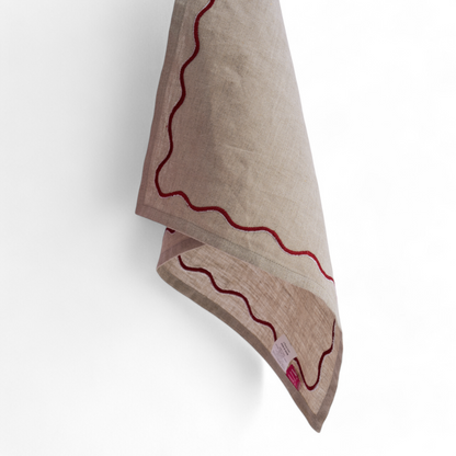 Christmas table napkins, Solid beige linen with red wave embroidery, set options available.