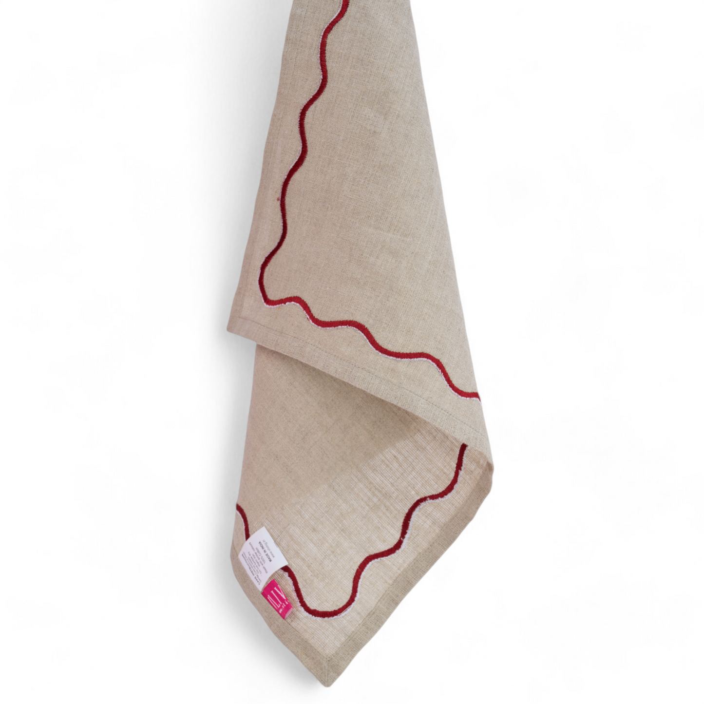 Christmas table napkins, Solid beige linen with red wave embroidery, set options available.