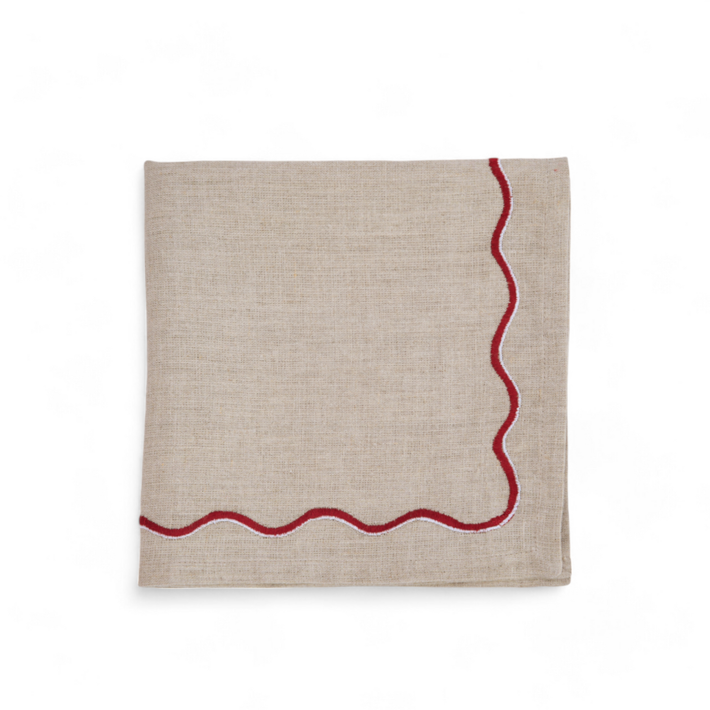 Christmas table napkins, Solid beige linen with red wave embroidery, set options available.