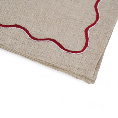 Christmas table napkins, Solid beige linen with red wave embroidery, set options available.