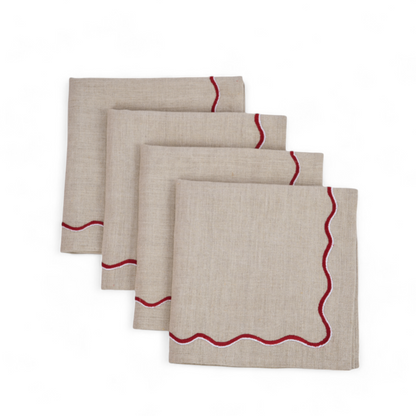 Christmas table napkins, Solid beige linen with red wave embroidery, set options available.