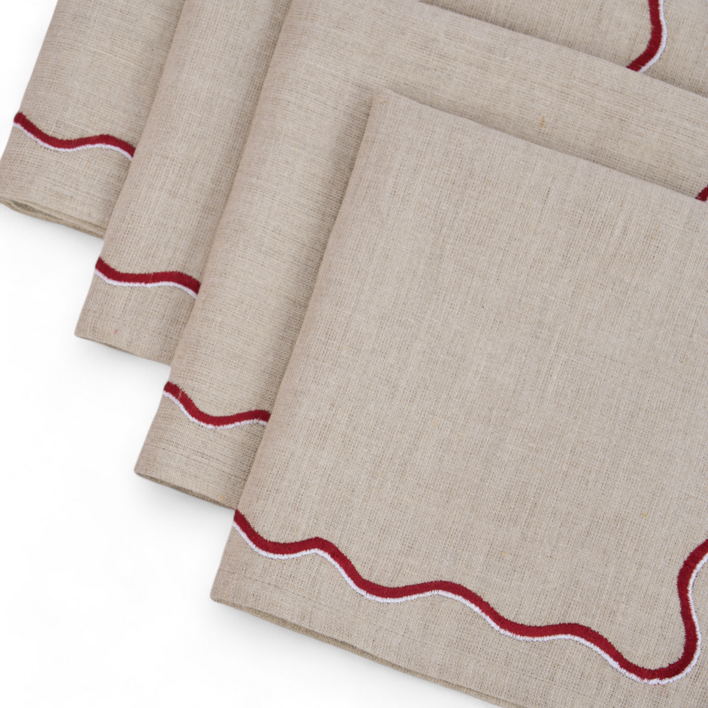 Christmas table napkins, Solid beige linen with red wave embroidery, set options available.