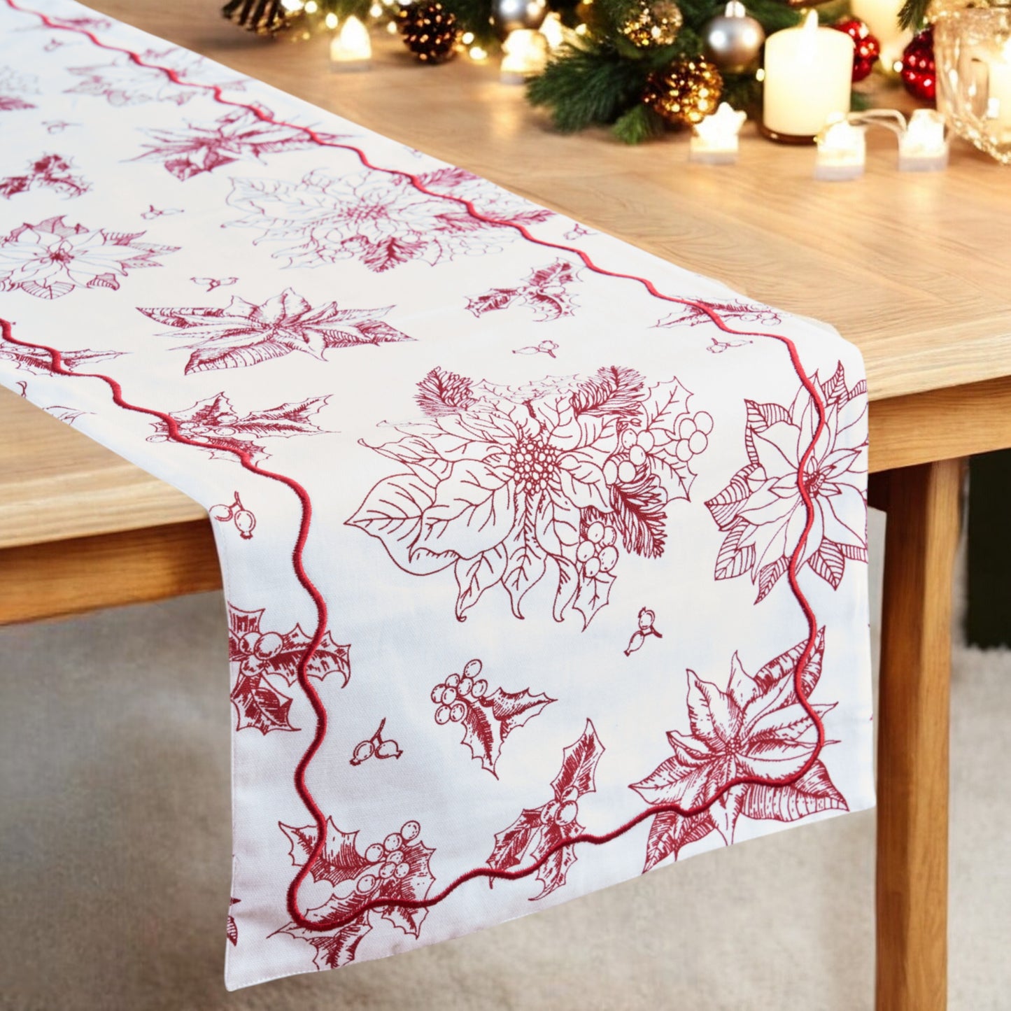 Christmas table runner, RED poinsettia print, cotton table runner, sizes available