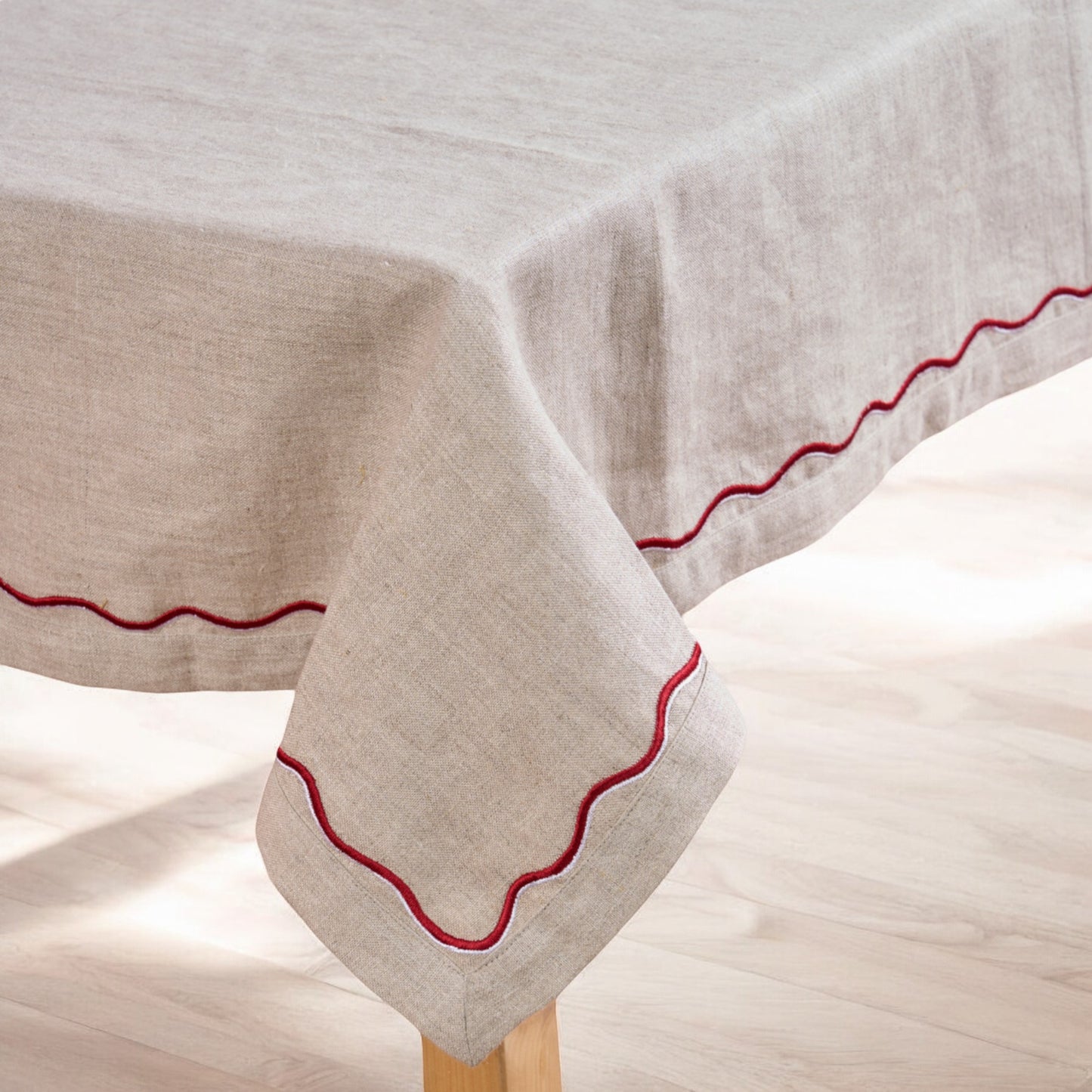 Pure Linen table cloth with wave embroidery in red and white colour, sizes available