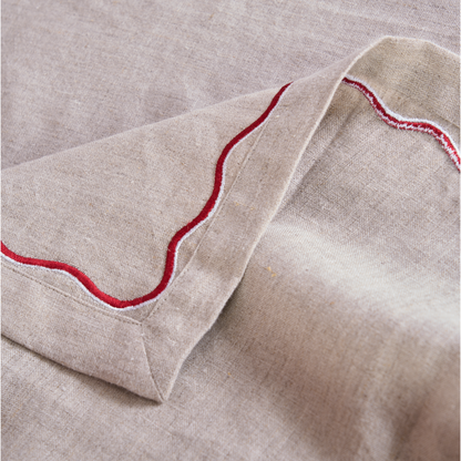 Pure Linen table cloth with wave embroidery in red and white colour, sizes available