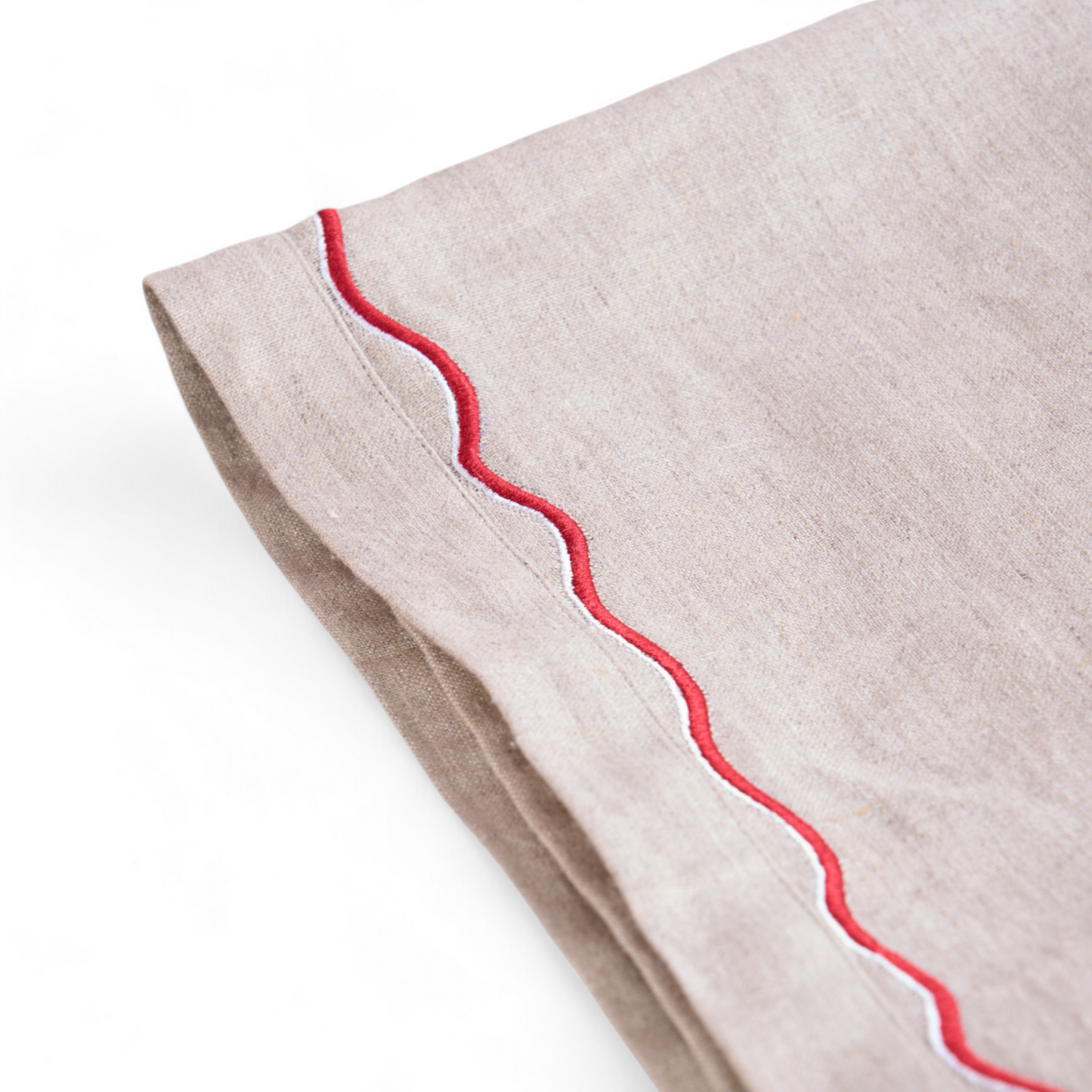 Pure Linen table cloth with wave embroidery in red and white colour, sizes available