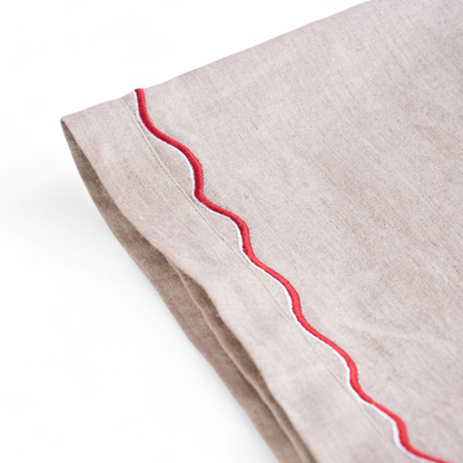 Pure Linen table cloth with wave embroidery in red and white colour, sizes available