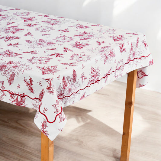 Red & white cotton table cloth, poinsettia print with wave embroidery, size available