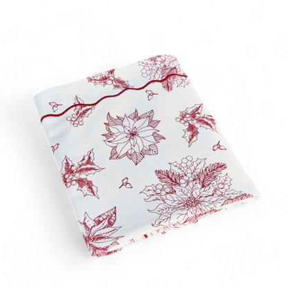 Red & white cotton table cloth, poinsettia print with wave embroidery, size available