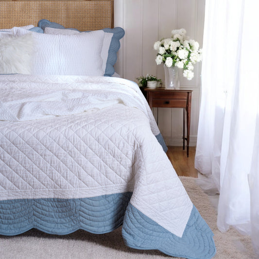 AMOUR - SCALLOPED QUILTED BED SET in white and duck egg cotton - sizes available