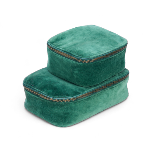 Set of 2 nesting boxes in BOTTLE GREEN colour velvet - travel accessory