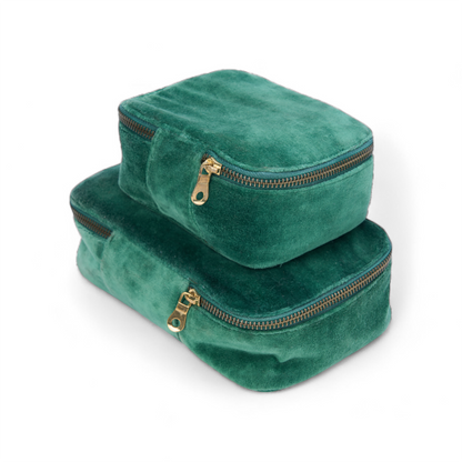 Set of 2 nesting boxes in BOTTLE GREEN colour velvet - travel accessory