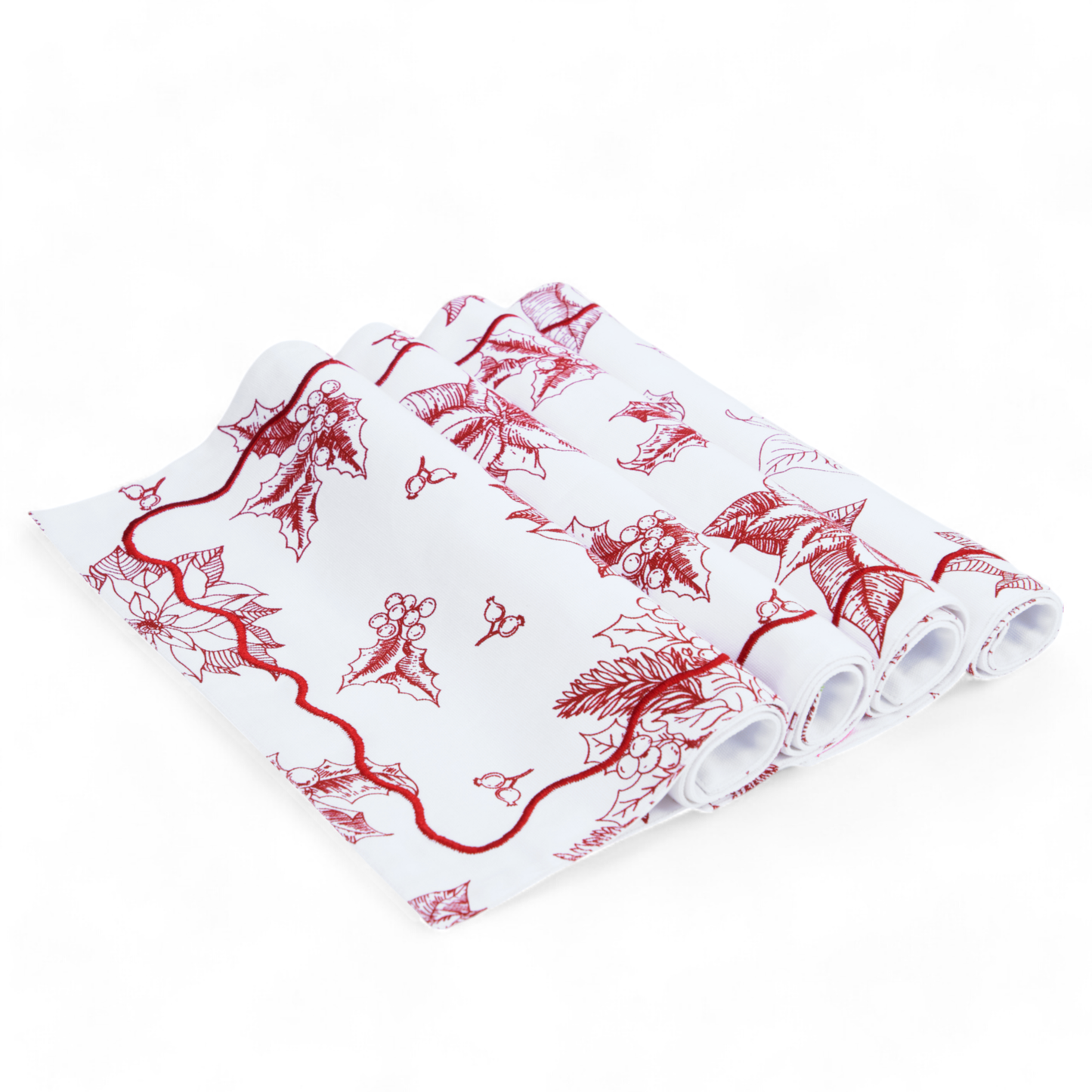 Christmas Table Linen GIFT PACK - in cotton with poinsettia print and wave embroidery