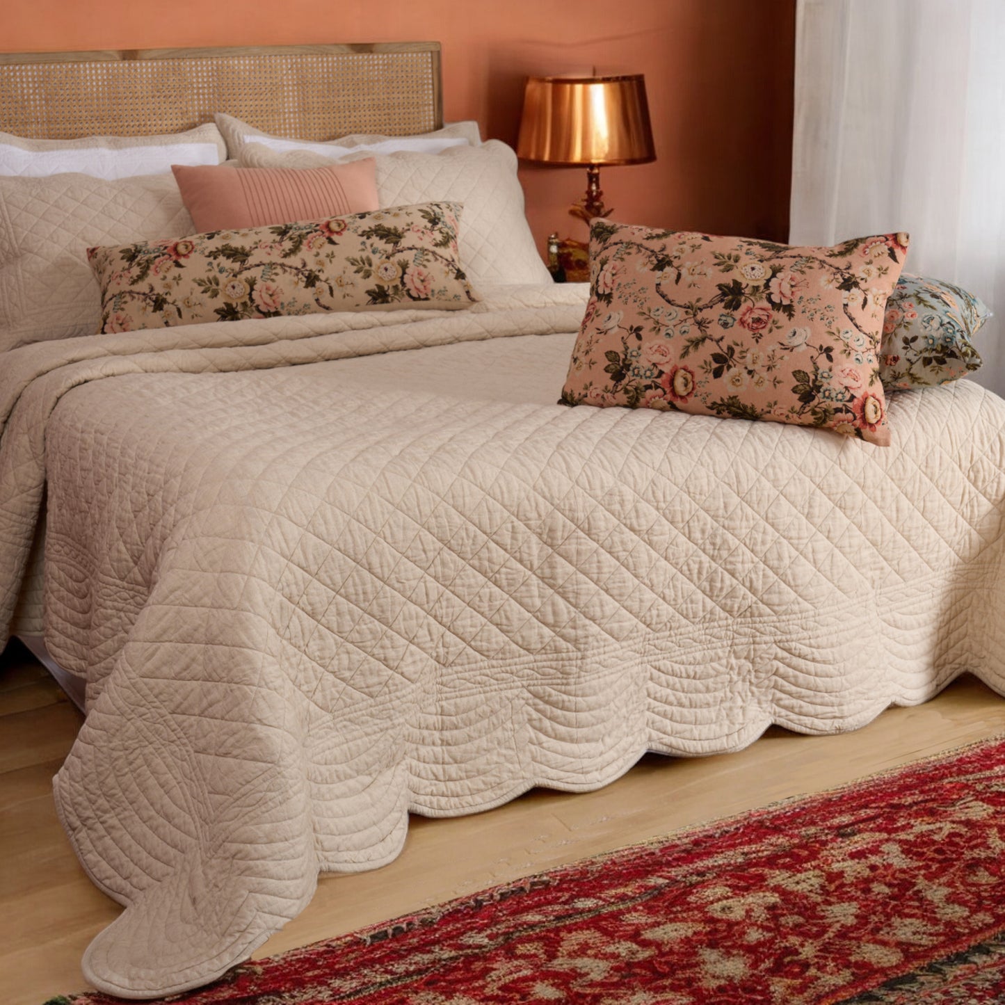 AMOUR - SCALLOPED QUILTED BED SET in beige cotton linen