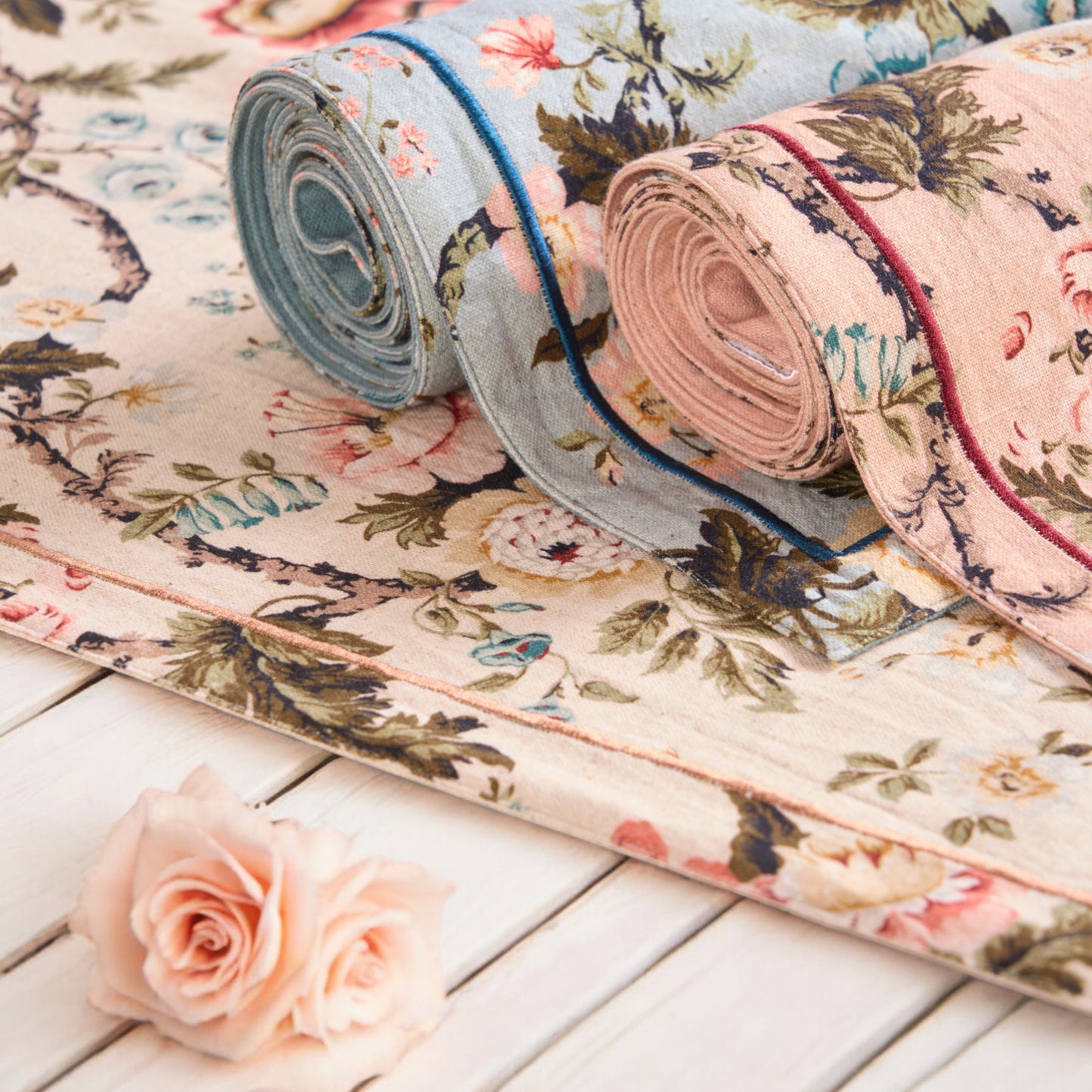 AMOUR - Blush linen cotton table runner, vintage rose print, sizes available