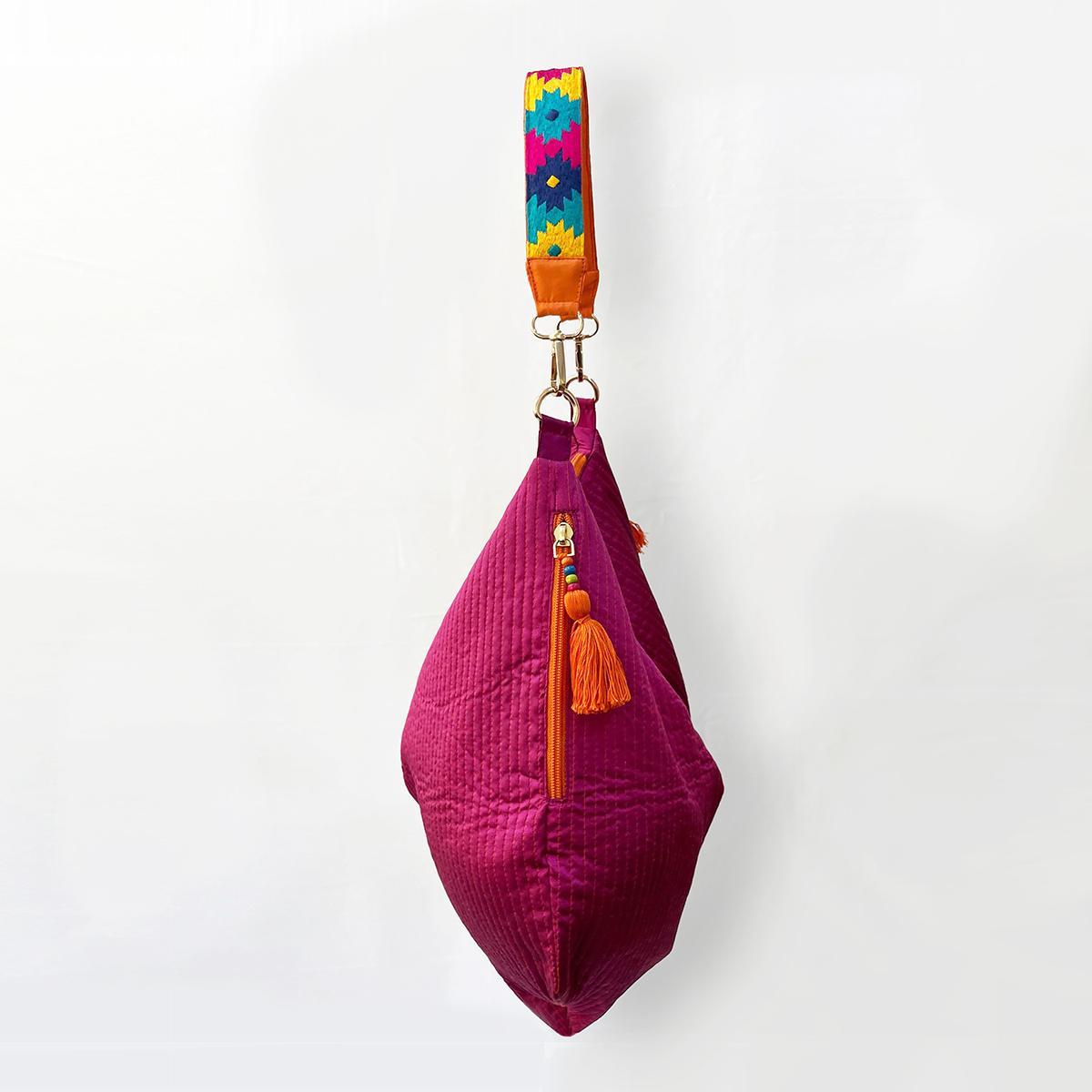 Faux Silk quilted HOBO Bag, Hot pink, hand embroidered handle, Gift for her