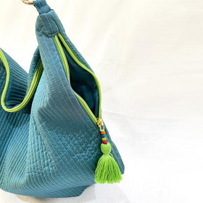 Faux Silk quilted HOBO Bag, Turquoise, hand embroidered handle, Gift for her