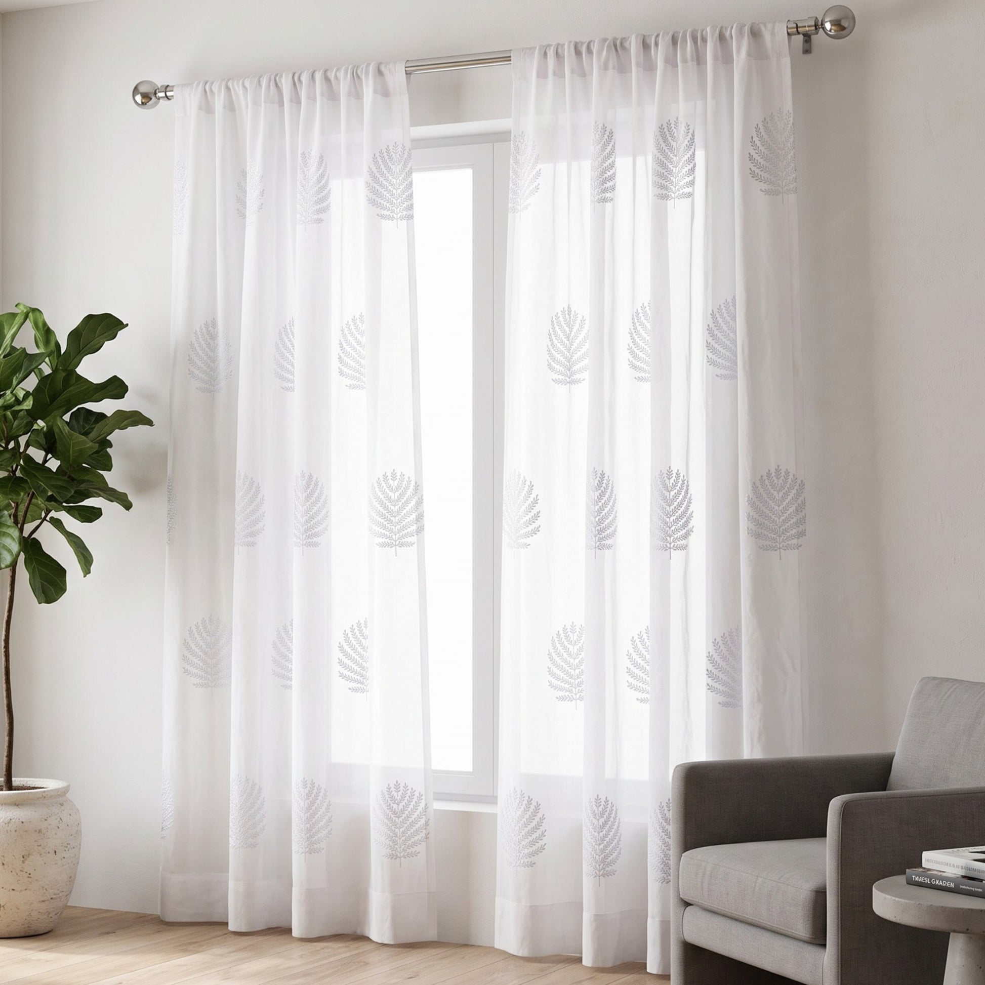 White Organdy Curtain Panel | Fern Leaf Embroidery | 4 Hanging Styles | 52 × 63 & 52 × 84 inches - Vliving